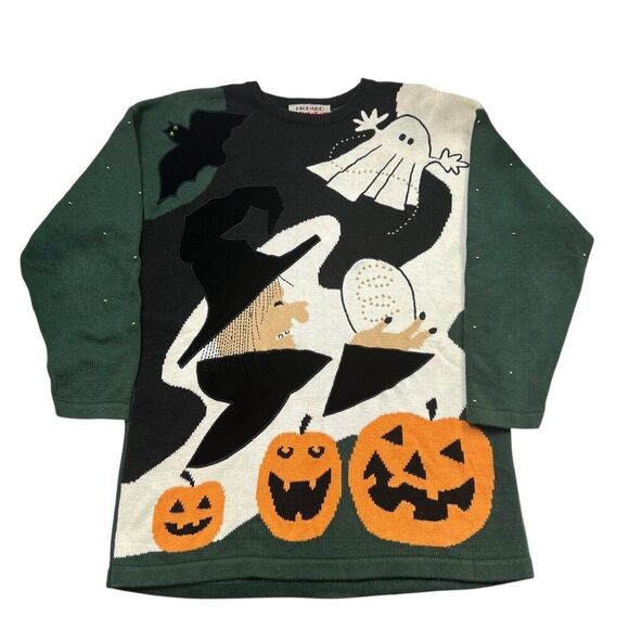 Richard Sport Halloween Ghost Cat Pumpkin Graphic Knit Velvet Applique Size M - Picture 2 of 10